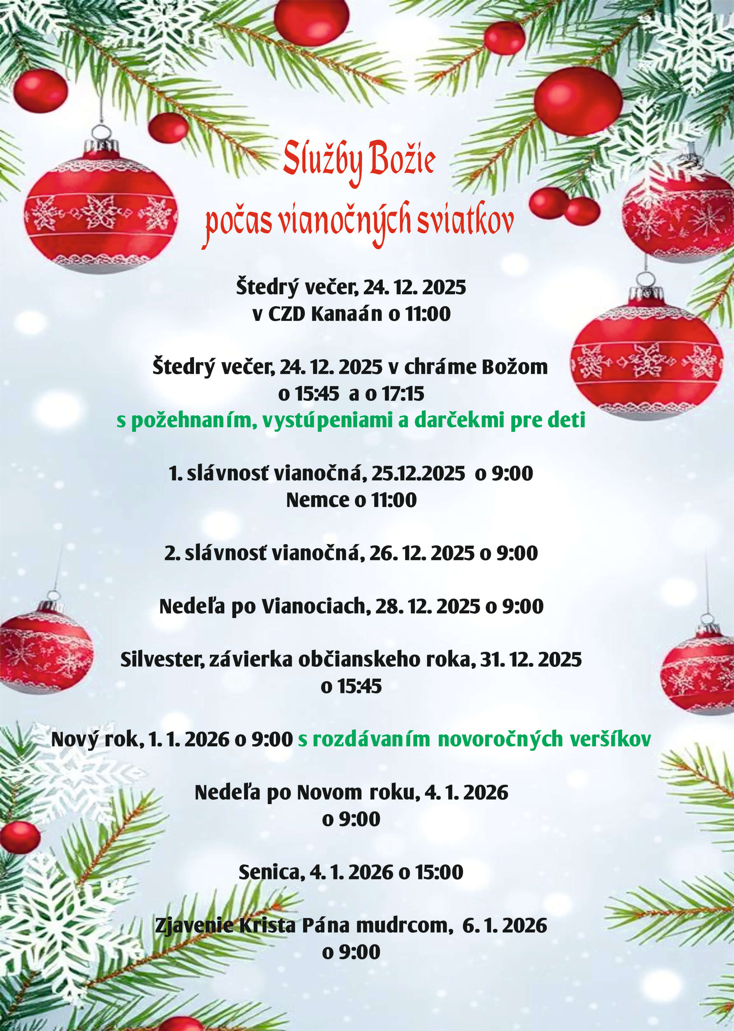 Služby Božie počas vianočných sviatkov